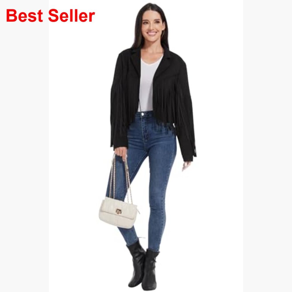 Fringe Faux Suede Cropped Jacket Western Cowgirl Coat - Picture 5 of 7